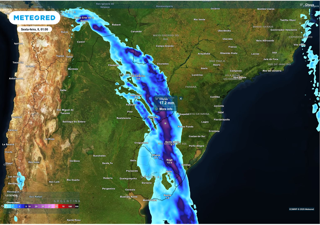 Previsão de chuva nesta sexta-feira (8), segundo o ECMWF.