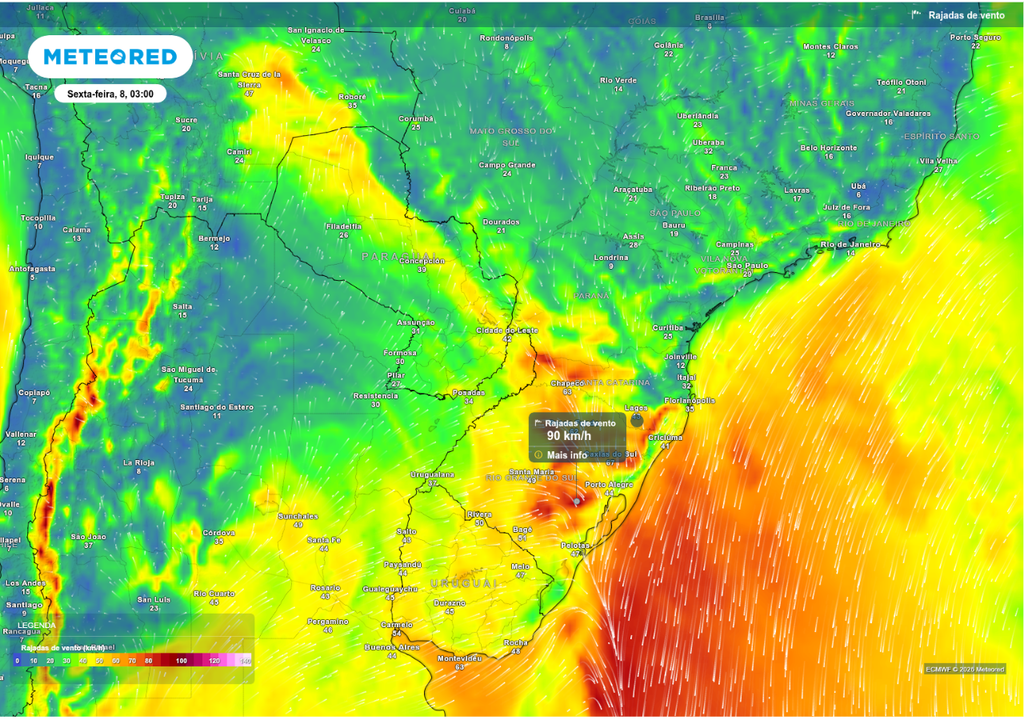 Previsão de rajada de vento para sexta-feira (8), segundo o ECMWF.