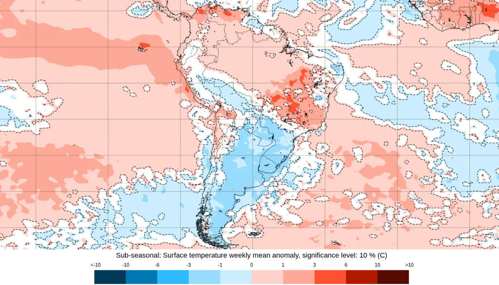 Previsão de anomalia semanal de temperatura entre 11 e 18 de maio. Créditos: ECMWF.
