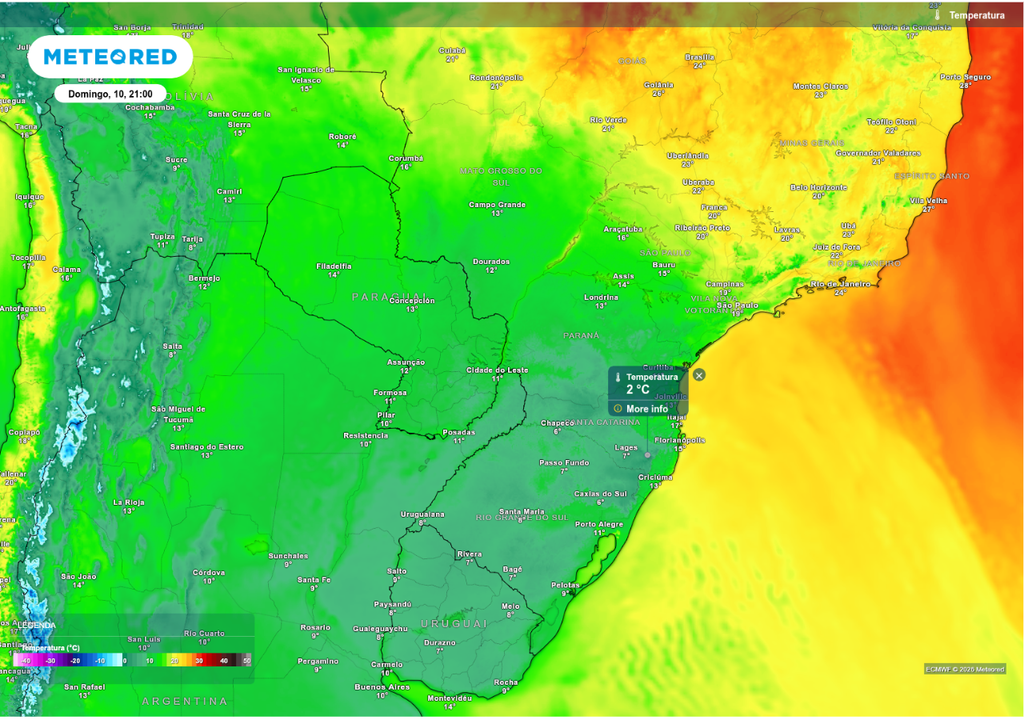 Previsão de temperatura no domingo (10) à noite, segundo o ECMWF.