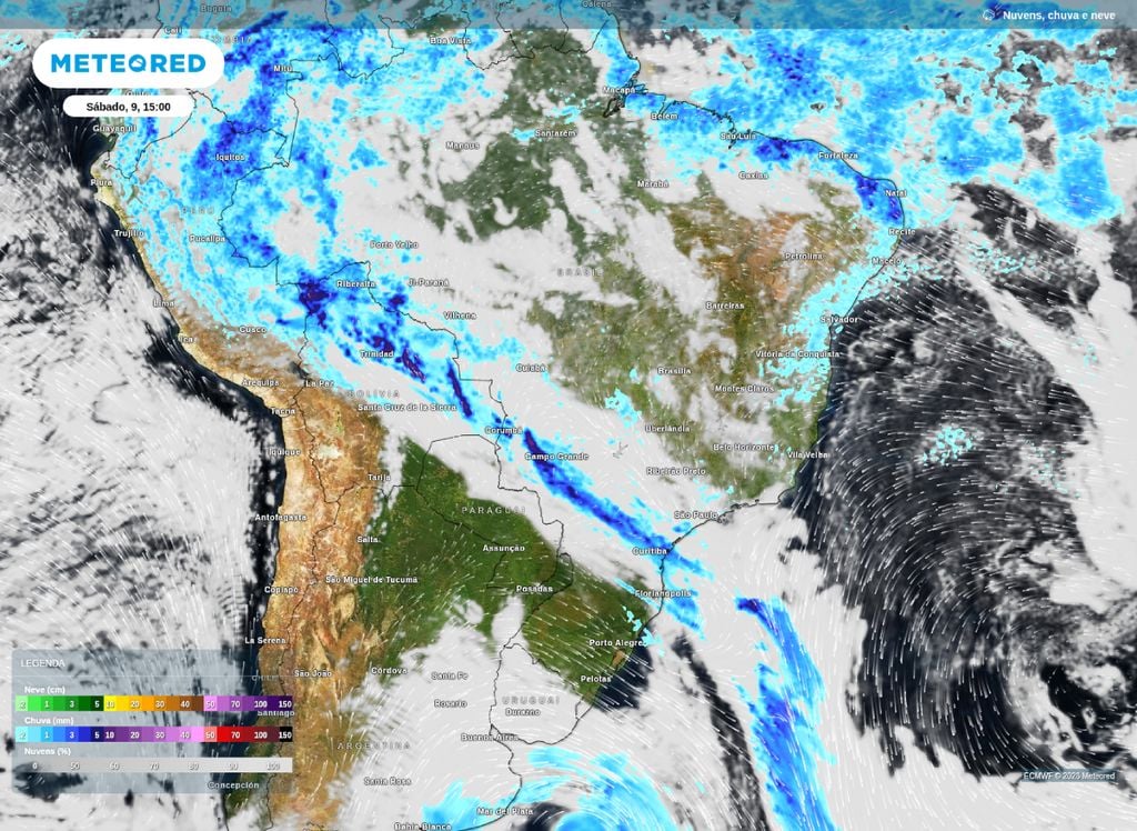 Frente fria avança e muda o tempo em áreas do Sudeste, Centro-Oeste e Norte do Brasil.