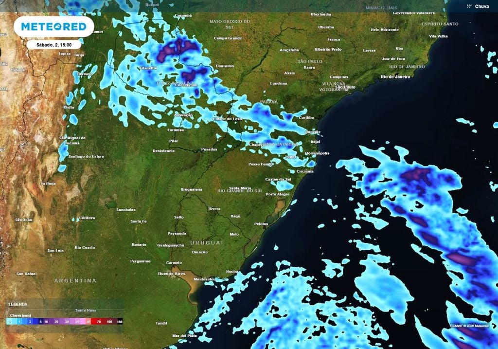 Previsão de chuva para a da tarde do sábado, 2 de maio.
