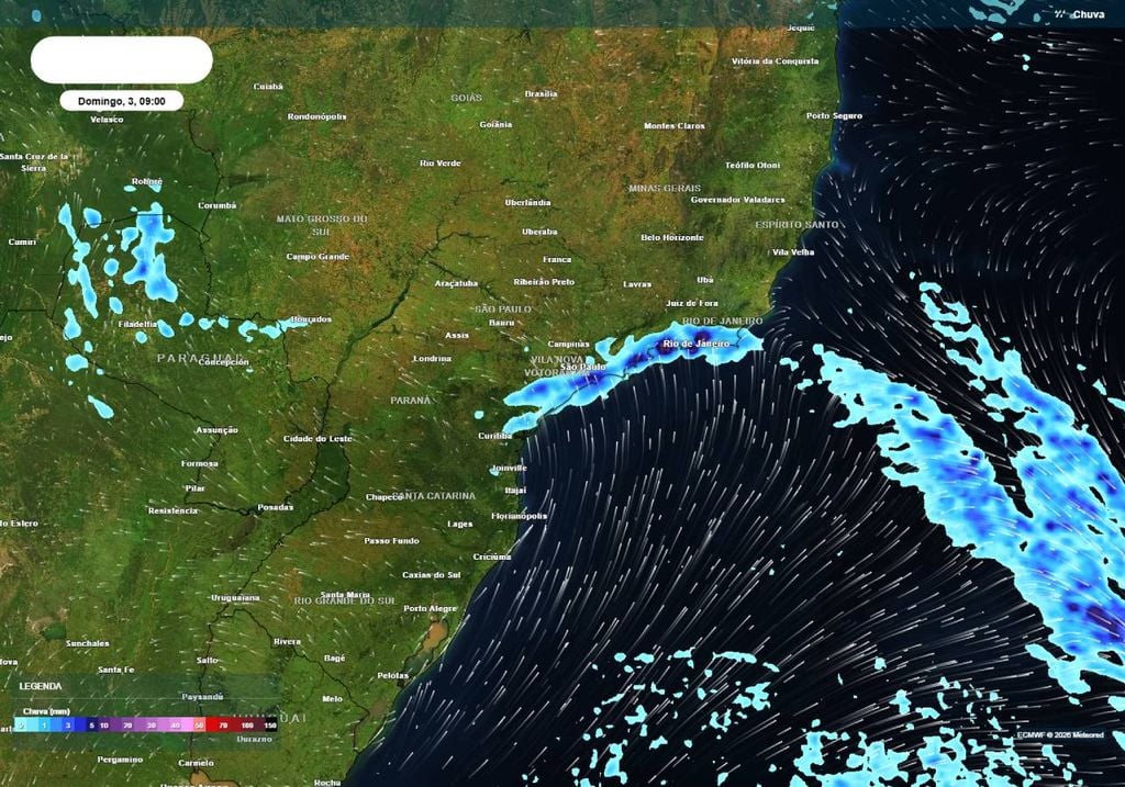 Previsão de chuvas e direção do vento para a manhã do domingo, 3 de maio.