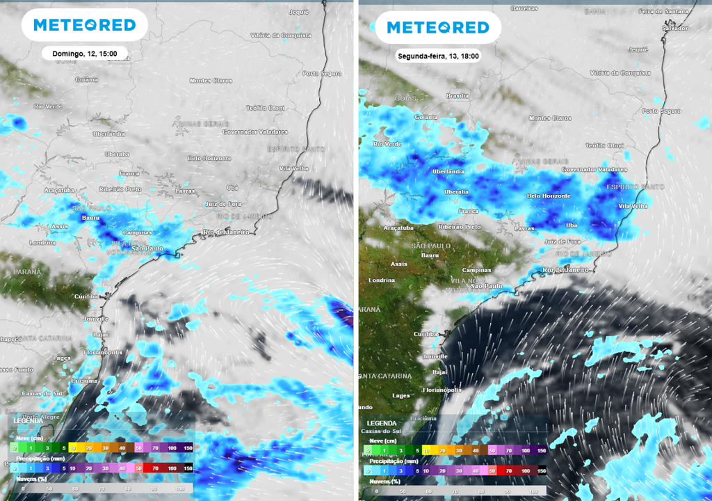 Previsão de precipitação (em mm) e nebulosidade (tons brancos/acinzentados) para domingo (12) às 15h à esquerda e segunda-feira (13) às 18h à direita, segundo o modelo europeu ECMWF.