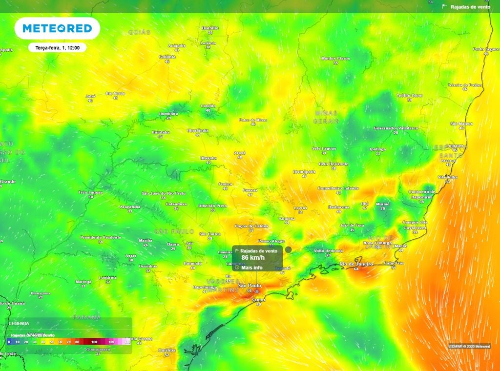 Previsão de rajadas de vento (km/h) para a terça-feira (1º de setembro) às 12h, segundo o modelo europeu ECMWF.