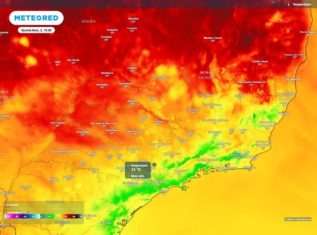 Previsão da temperatura máxima do ar (°C) para a quarta-feira, 2 de setembro, segundo o modelo europeu ECMWF.