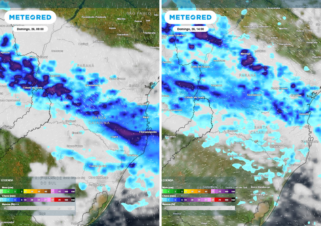 Previsão de precipitação (em mm) e nebulosidade para o domingo (26) pela manhã (à esquerda) e no meio da tarde (à direita), segundo o modelo europeu ECMWF.
