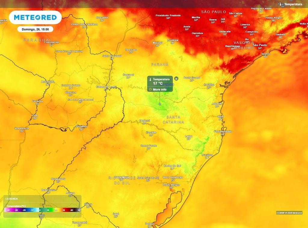 Previsão de temperatura (em °C) para o domingo (26) à tarde (15h), segundo o modelo europeu ECMWF.