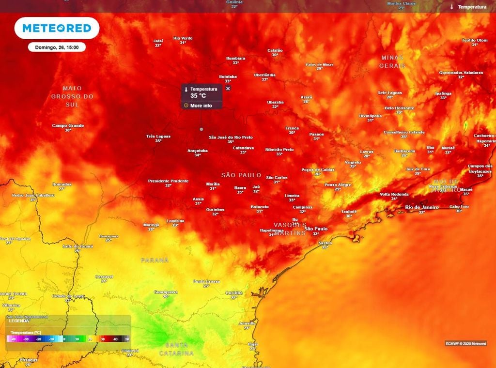 Previsão de temperatura máxima (em °C) para o domingo (26), segundo o modelo europeu ECMWF.