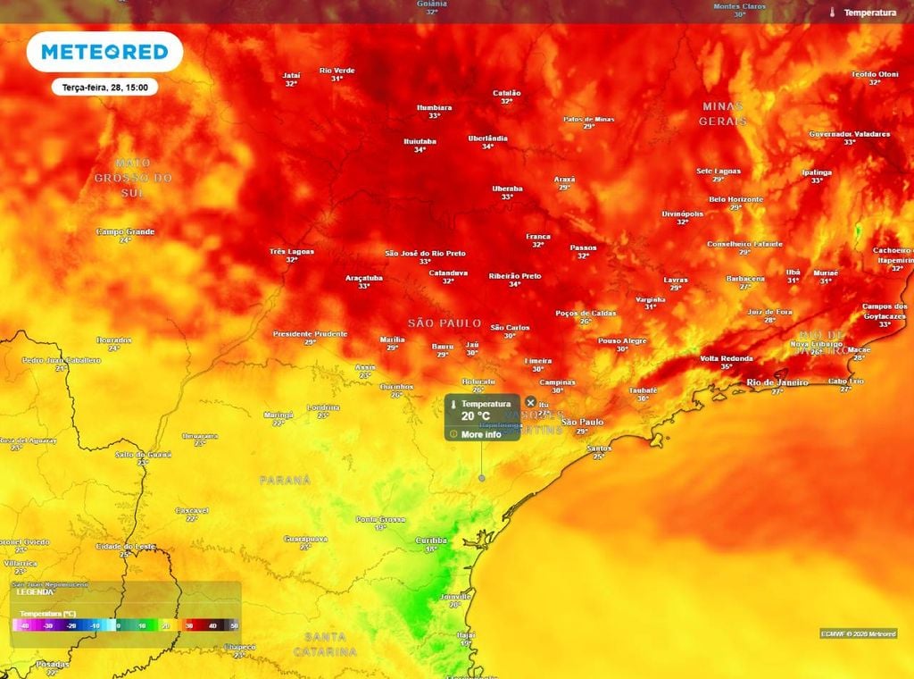 Previsão de temperatura máxima (em °C) para a terça-feira (28), segundo o modelo europeu ECMWF.