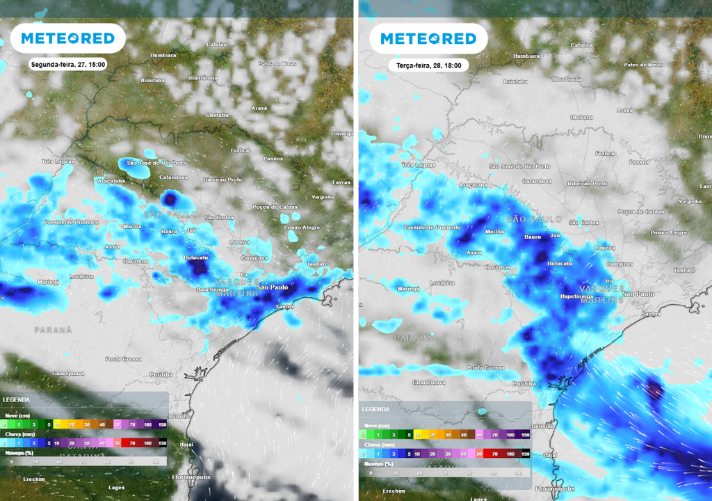 Previsão de precipitação (em mm) e nebulosidade para: a segunda-feira (27) à tarde (15h) (à esquerda); a terça-feira (28) às 18h (à direita), segundo o modelo europeu ECMWF.