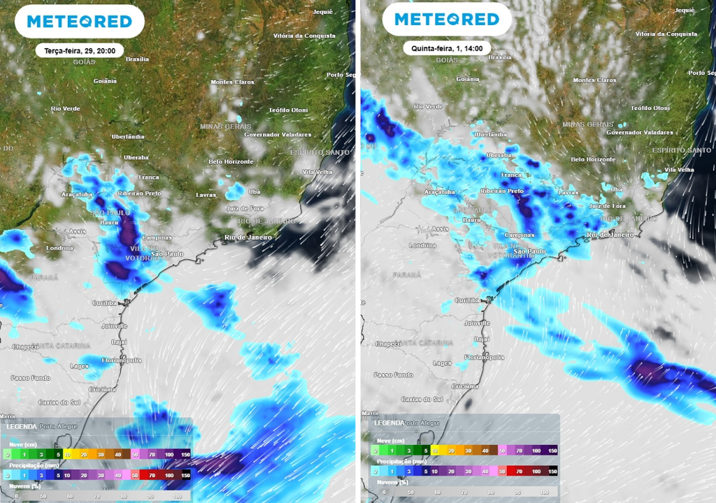Previsão de chuva (mm) para a terça-feira (29) às 20h à esquerda e para quinta-feira (1º de outubro) às 14h à direita, segundo o modelo europeu ECMWF.
