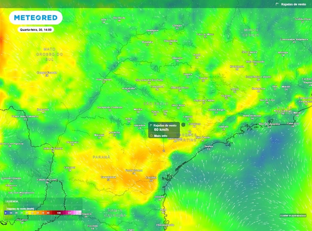 Previsão de rajadas de vento (km/h) para a quarta-feira (30) às 14h, segundo o modelo europeu ECMWF.