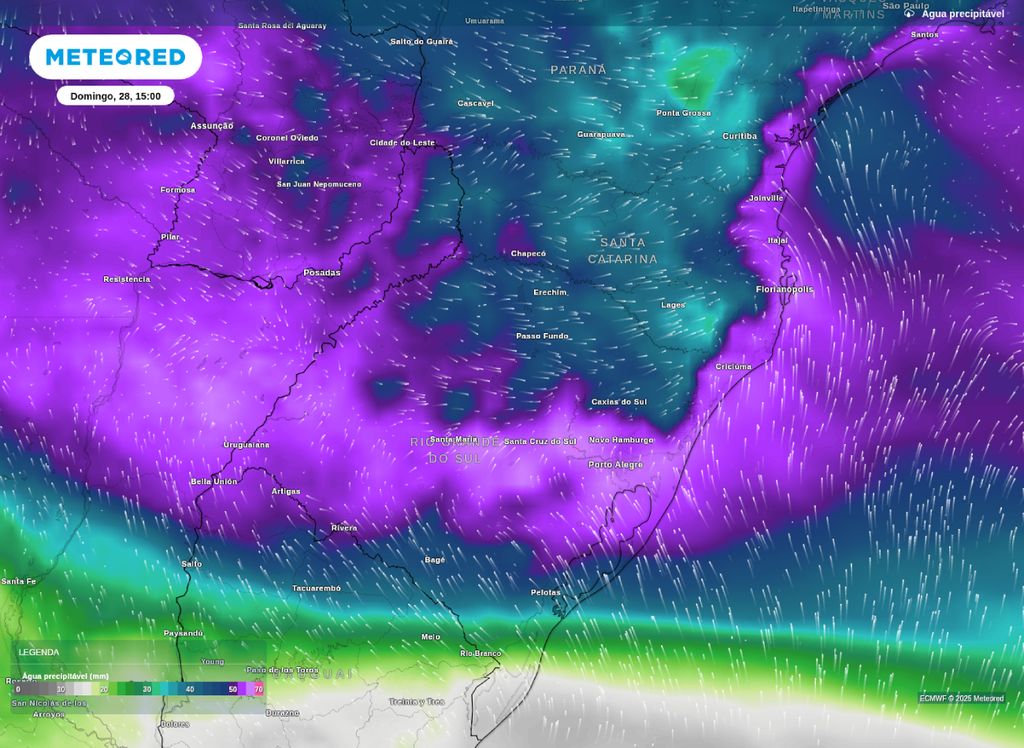 Previsão de água precipitável para a tarde deste domingo (28), de acordo com o modelo ECMWF.