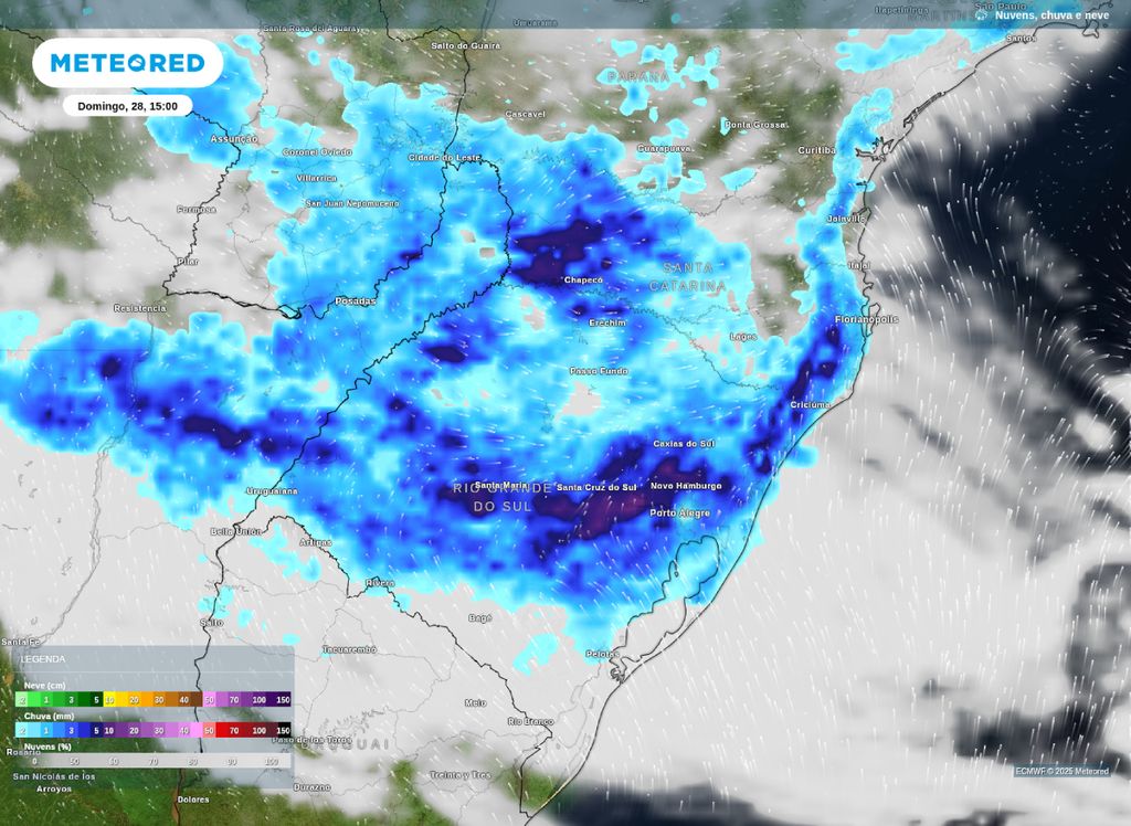 Previsão de chuva para a tarde deste domingo (28), de acordo com o modelo ECMWF.