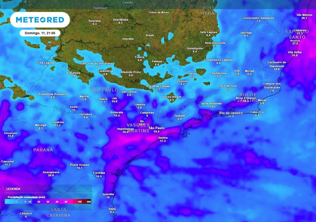 Previsão de acumulados totais de chuva até o final do domingo. Previsão de acumulados totais de chuva até o final do domingo.