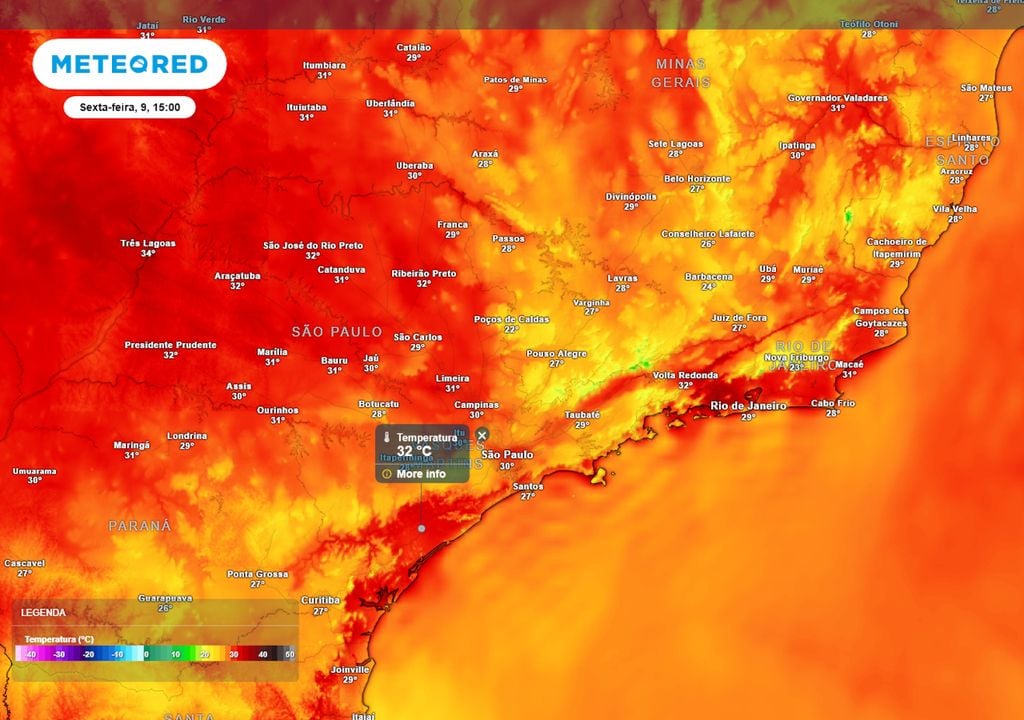 Previsão de temperaturas máximas na sexta-feira durante a tarde. Previsão de temperaturas máximas na sexta-feira durante a tarde.