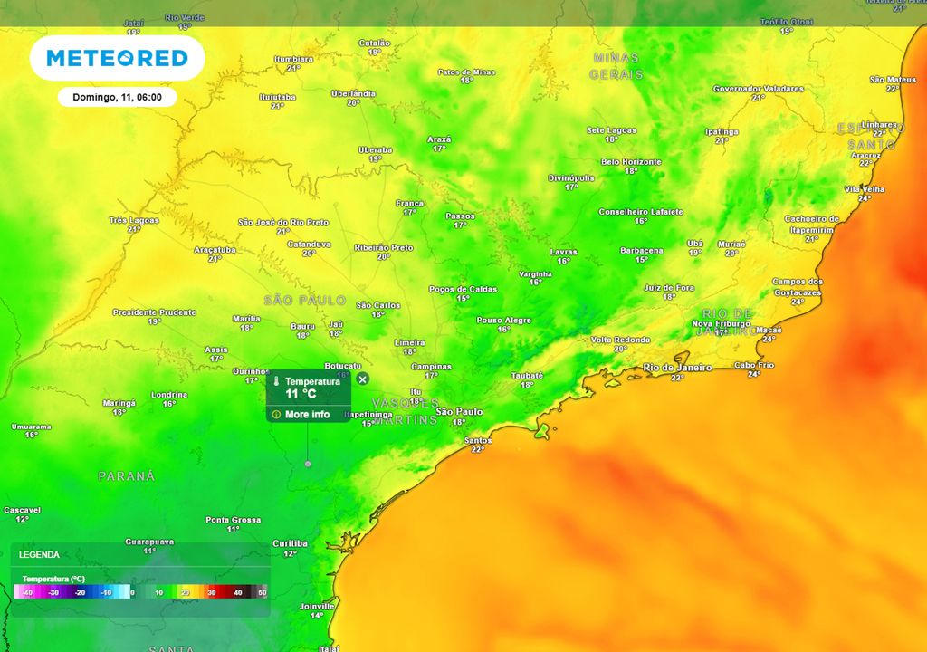 Previsão de temperaturas mínimas no domingo durante a manhã. Previsão de temperaturas mínimas no domingo durante a manhã.