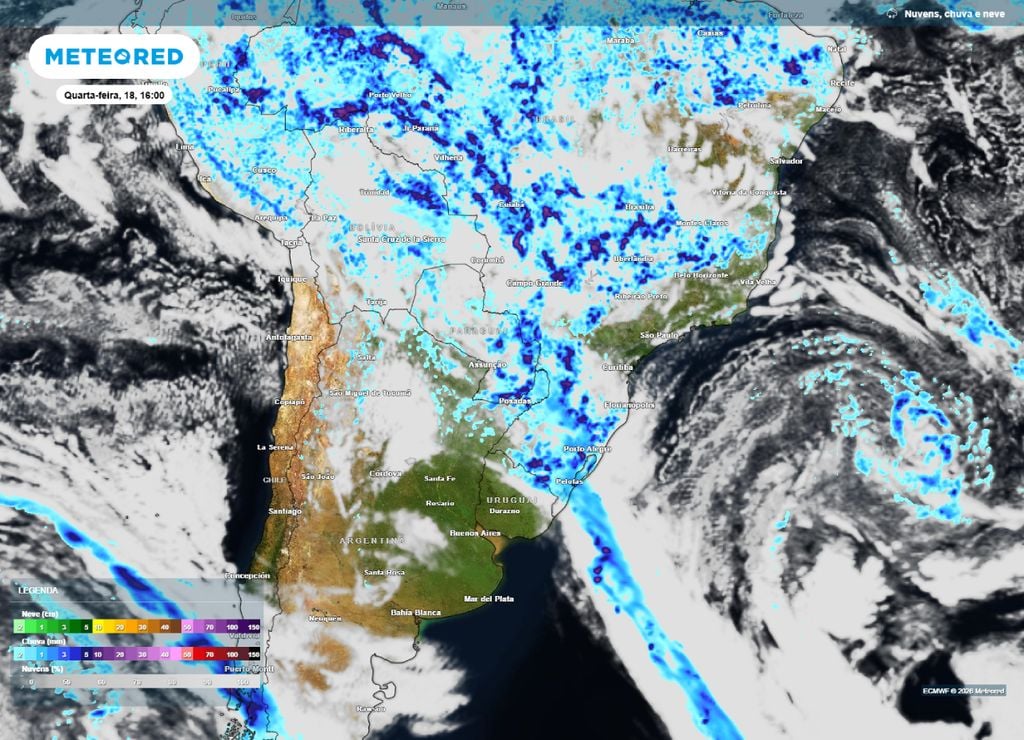 Previsão de chuva e nebulosidade para a tarde da quarta-feira, 18 de março.