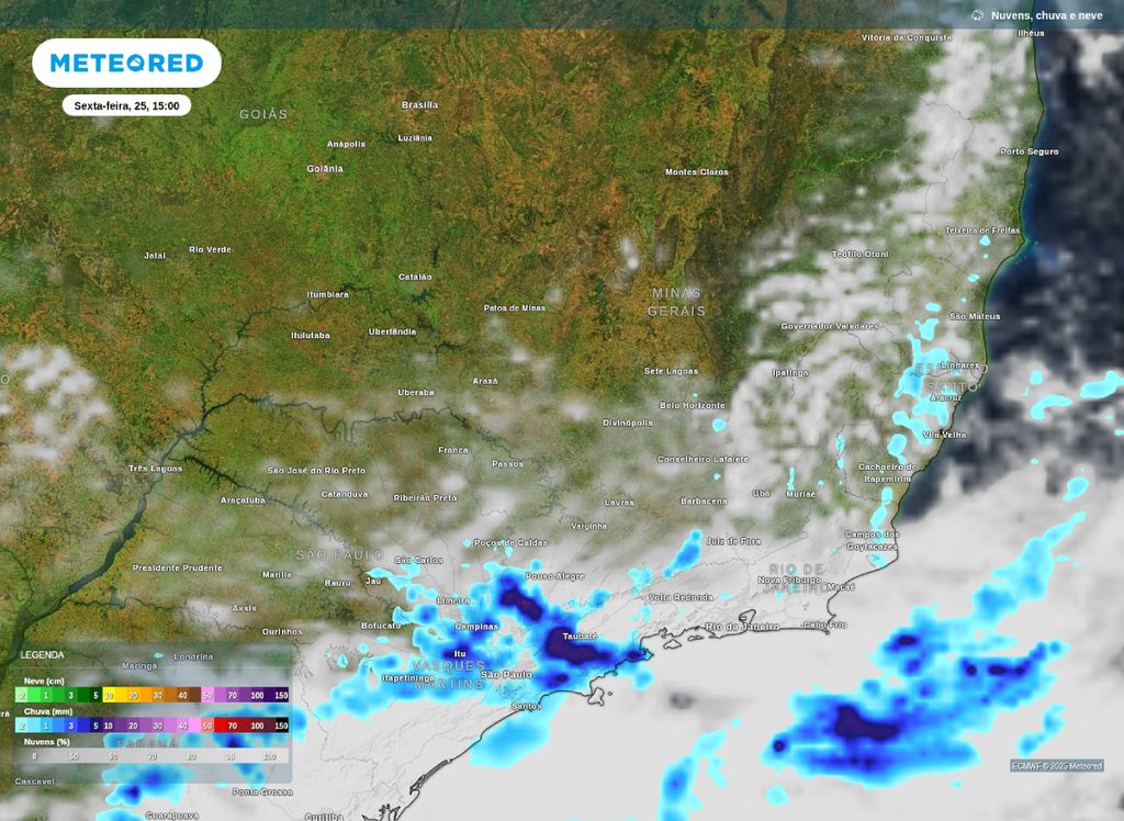 Previsão de precipitação e nebulosidade para a tarde desta sexta-feira (25).