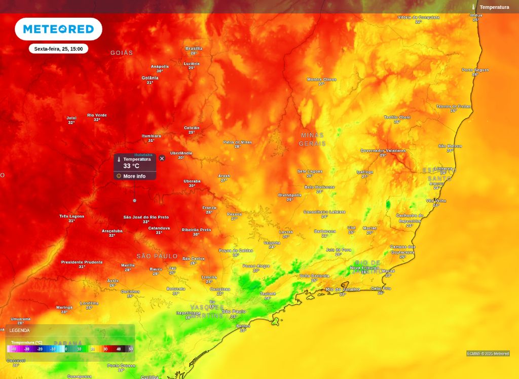 Previsão da temperatura máxima para a tarde desta sexta-feira (25).