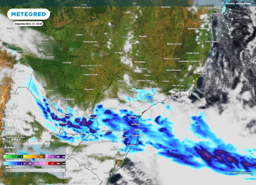previsão do tempo Previsão de chuva e nebulosidade para a madrugada da segunda-feira, 31 de agosto.
