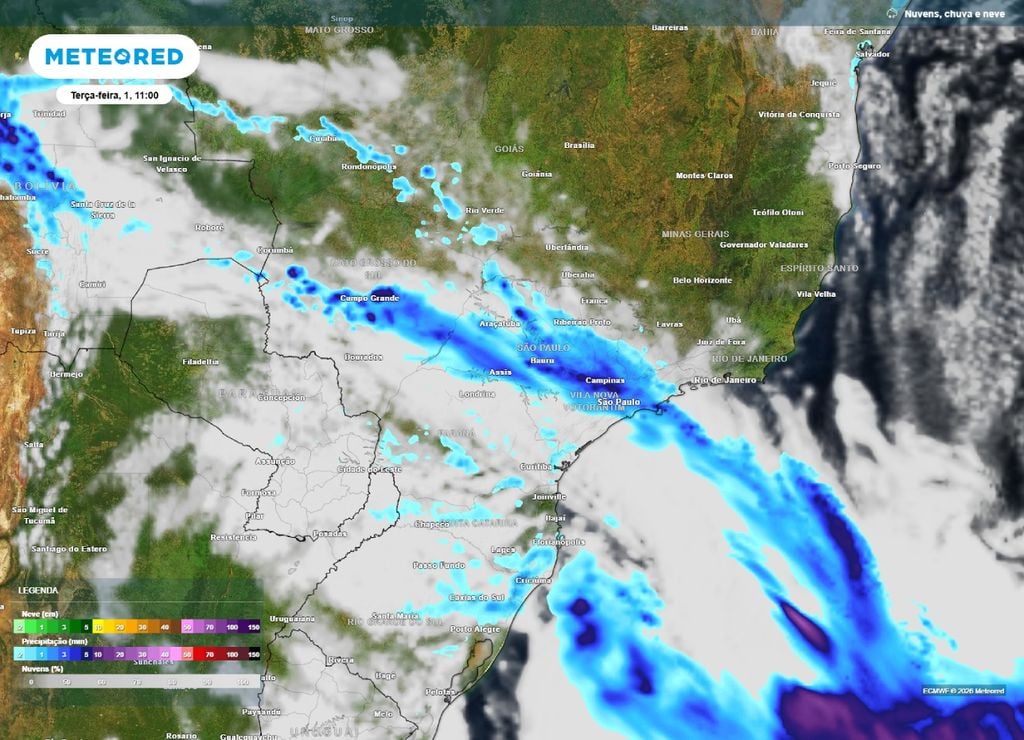 frente fria no Sudeste Previsão de chuva e nebulosidade para a manhã da terça-feira, 31 de agosto.