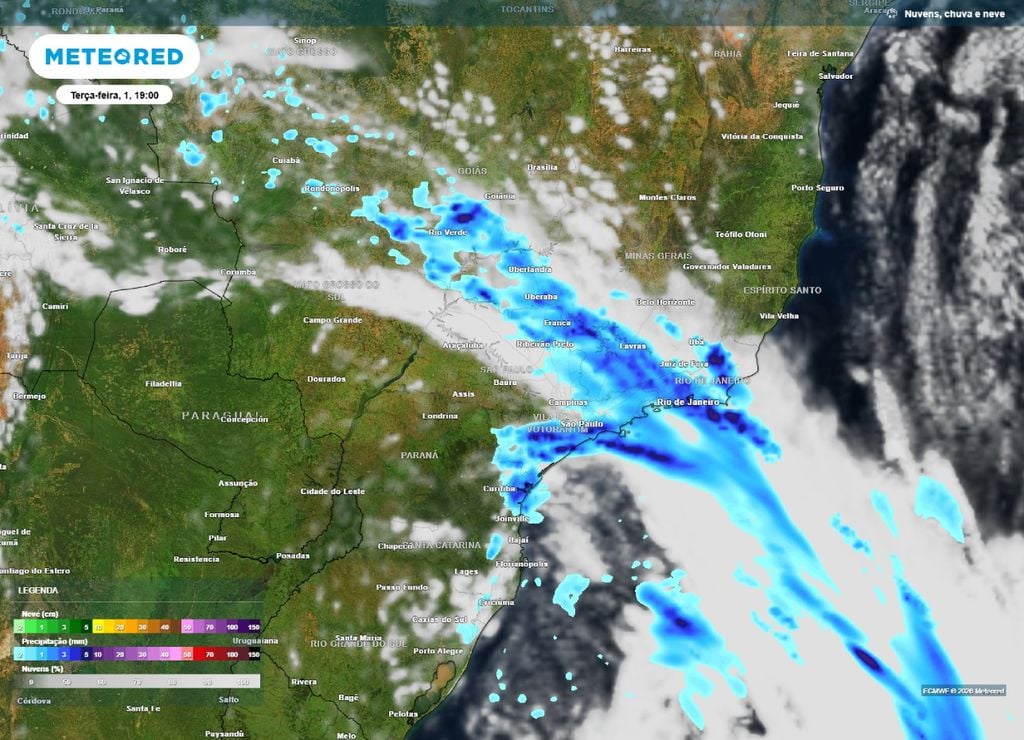 frente fria no Sudeste Previsão de chuva e nebulosidade para a tarde da terça-feira, 31 de agosto.