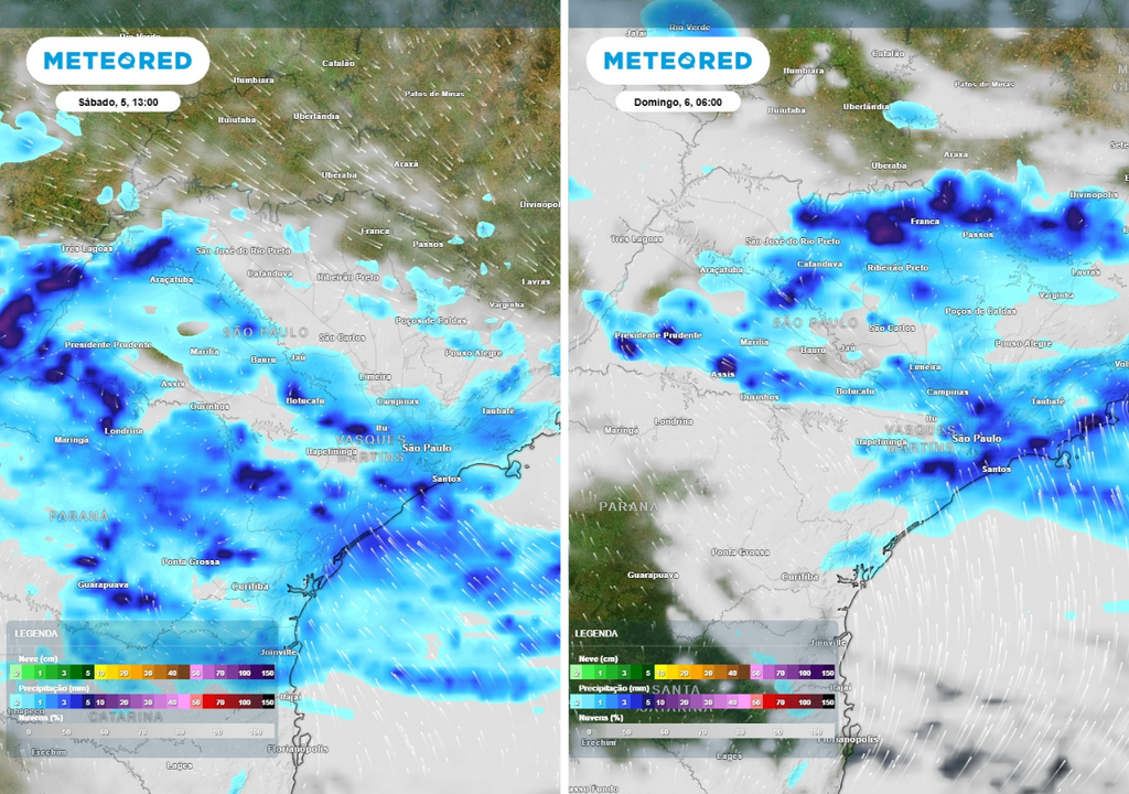 Previsão de precipitação (mm) e nebulosidade para sábado (5) às 13h à esquerda e domingo (6) às 6h à direita, segundo o modelo europeu ECMWF.