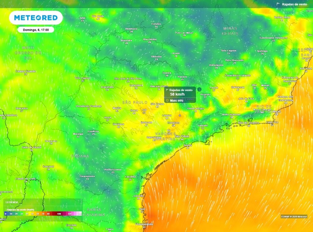 Previsão de rajadas de vento (km/h) para domingo (6) às 17h, segundo o modelo europeu ECMWF.