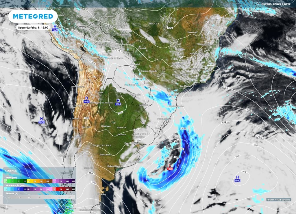 previsão do tempo Previsão de chuva, nebulosidade e pressão para a tarde da segunda-feira, 6 de julho.
