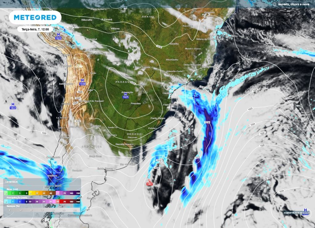 frente fria Previsão de chuva, nebulosidade e pressão para o início da tarde da terça-feira, 7 de julho.