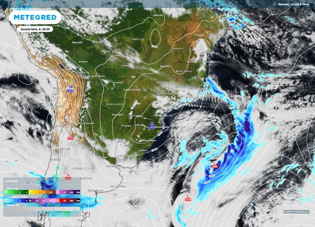 frente fria ar frio Previsão de chuva, nebulosidade e pressão para a manhã da quarta-feira, 8 de julho.