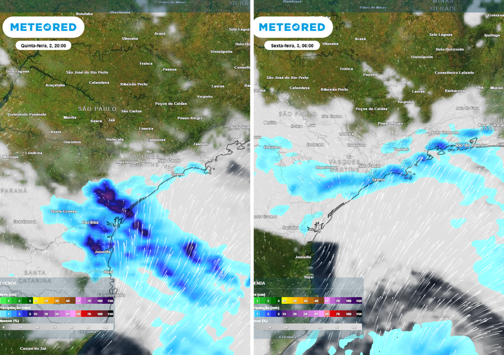 Previsão de precipitação (em mm) e nebulosidade para quinta-feira (2) às 20h à esquerda e para sexta-feira (3) às 6h à direita, segundo o modelo europeu ECMWF.