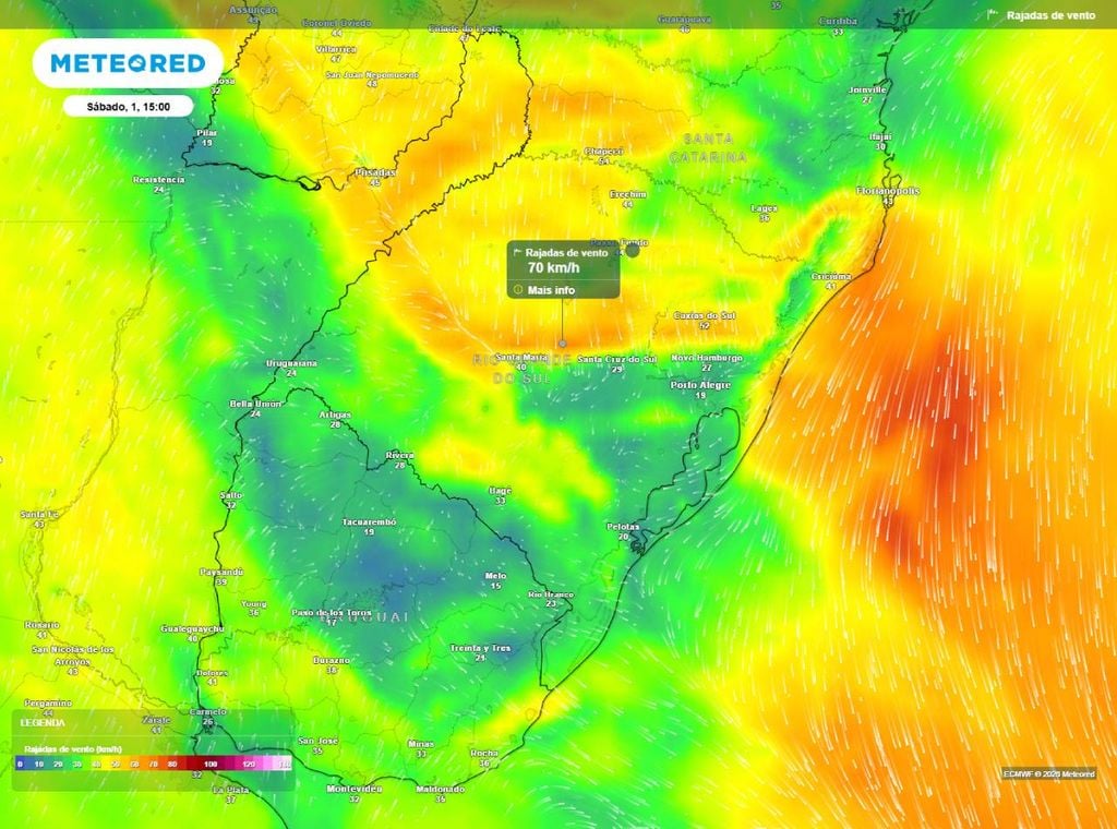 Previsão de rajadas de vento (em km/h) para a tarde (15h) do sábado (1º de agosto), segundo o modelo europeu ECMWF.