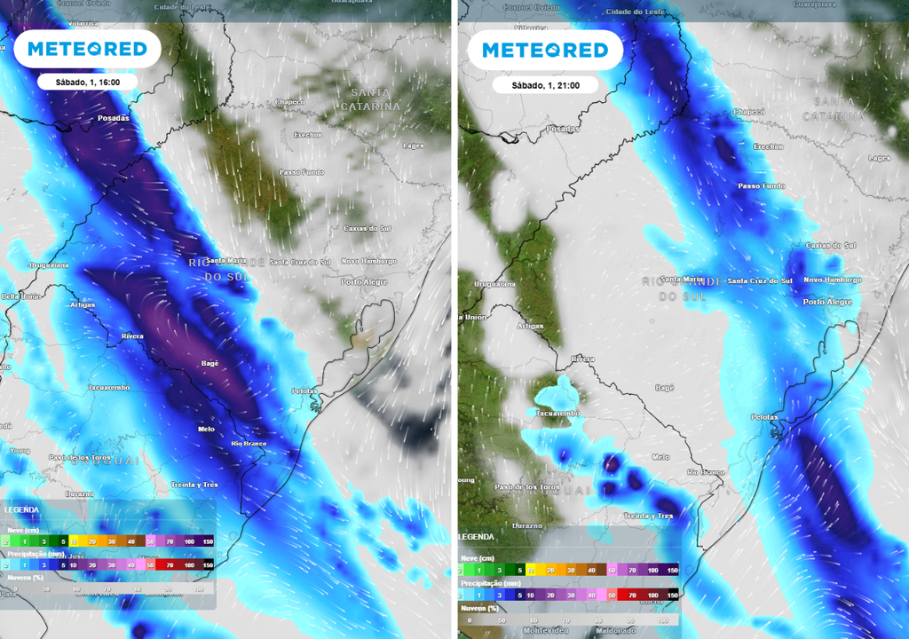 Previsão de precipitação (em mm) e nebulosidade (tons acinzentados) para o sábado (1º de agosto) à tarde (16h) à esquerda e à noite (21h) à direita, segundo o modelo europeu ECMWF.