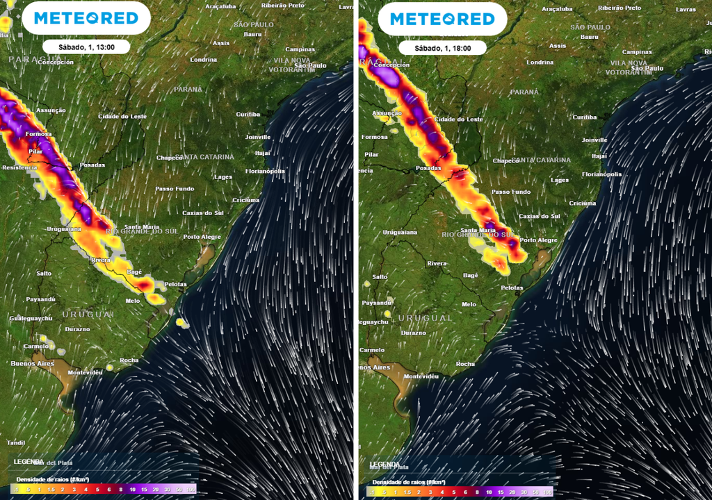 Previsão de densidade de raios (descargas elétricas) para a tarde de sábado (1º de agosto), às 13h à esquerda e às 18h à direita, segundo o modelo europeu ECMWF.