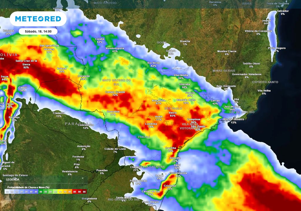 Previsão de probabilidade de chuva no sábado durante a tarde. Previsão de probabilidade de chuva no sábado durante a tarde.