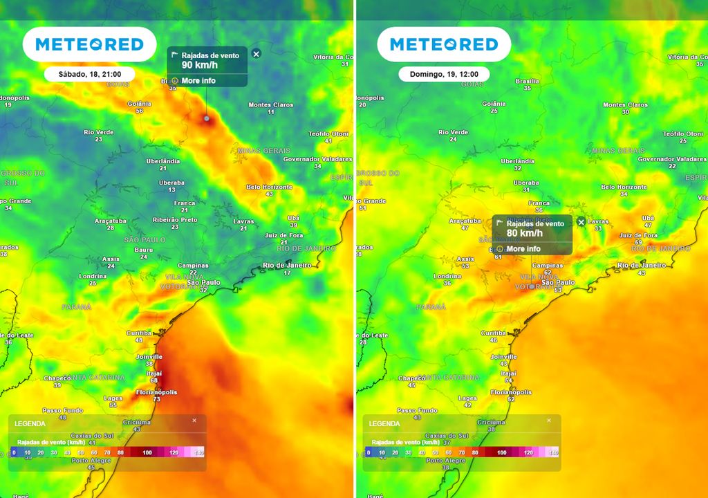 Previsão de rajadas de vento no sábado durante a noite (esquerda) e no domingo durante a tarde (direita). Previsão de rajadas de vento no sábado durante a noite (esquerda) e no domingo durante a tarde (direita).