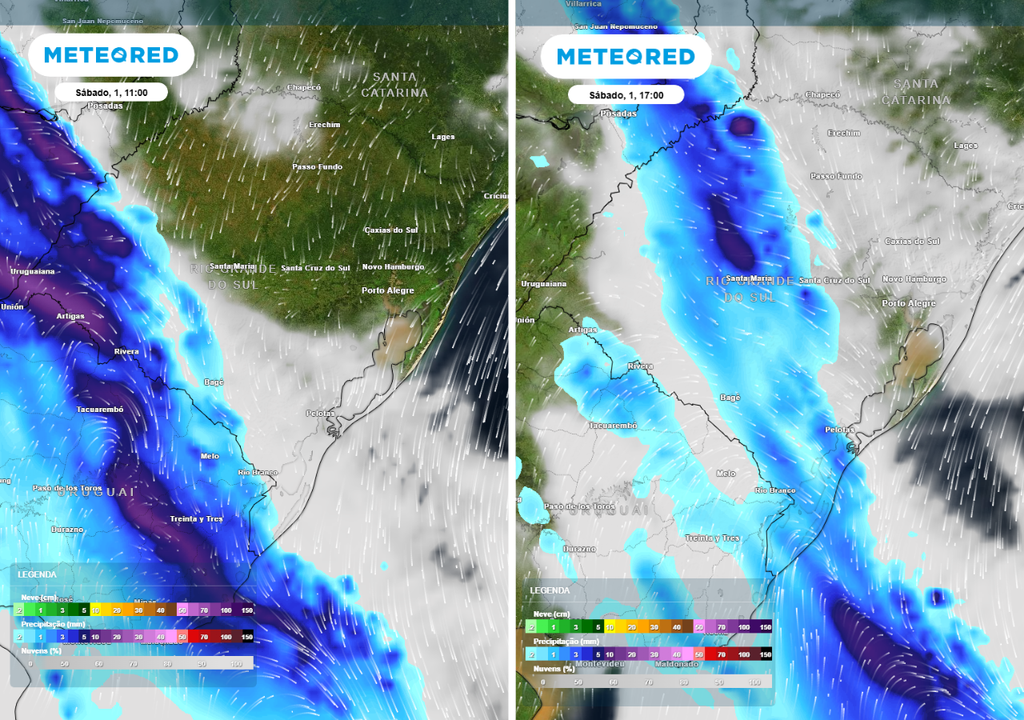 Previsão de precipitação (em mm) e nebulosidade (tons acinzentados) para o sábado (1º de agosto) às 11h à esquerda e às 17h à direita, segundo o modelo europeu ECMWF.