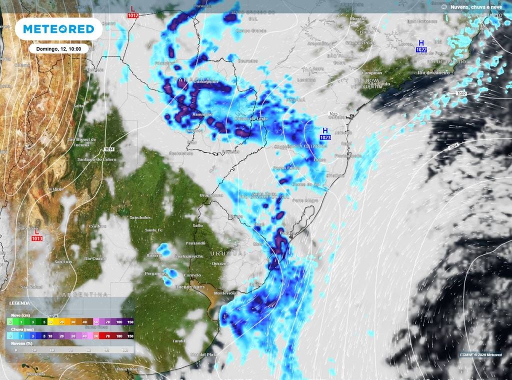 Previsão de precipitação (em mm) e nebulosidade para domingo (12) às 10h, segundo o modelo europeu ECMWF.