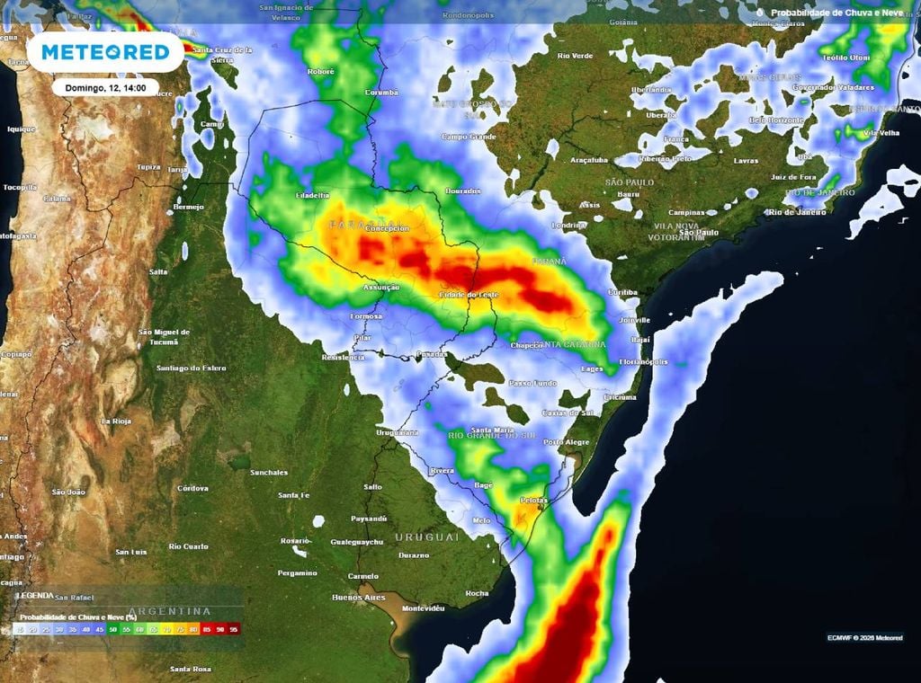 Previsão da probabilidade de precipitação (%) para domingo (12) à tarde (14h), segundo o modelo europeu ECMWF. O maior potencial para chuvas estará no sul gaúcho, no norte catarinense e no Paraná, mas isso não quer dizer que não vá chover nas demais áreas.