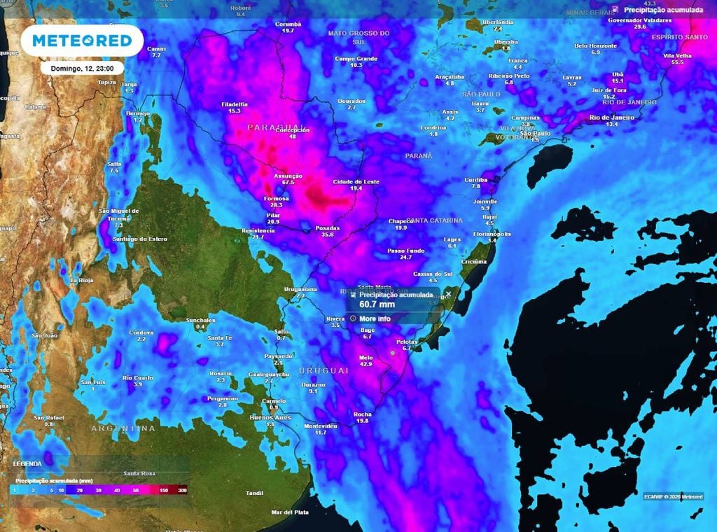 Previsão do acumulado de precipitação (em mm) entre hoje (10) e domingo (12) à noite (23h), segundo o modelo europeu ECMWF.