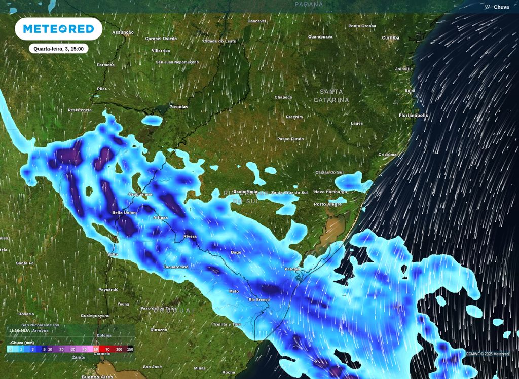 Previsão de chuva para a tarde desta quarta (3), segundo o modelo ECMWF.