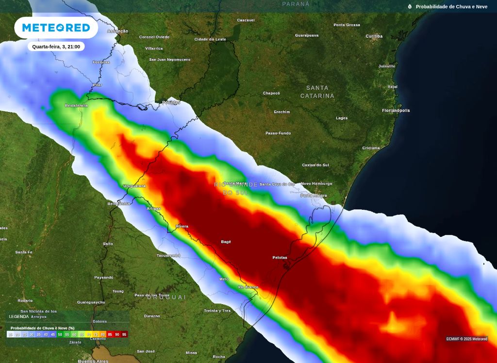 Mapa de probabilidade de chuva sobre o RS na noite de quarta-feira (3)