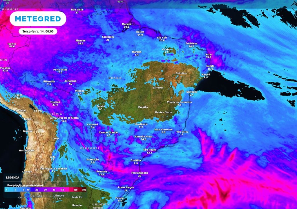 Previsão de acumulados totais até o final da segunda-feira mostra abrangência da frente-fria, que causará pancadas de chuva no Sul, Sudeste, Centro-Oeste e até mesmo Norte do país.
