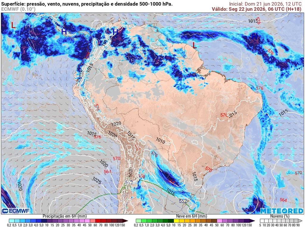 previsão do tempo Previsão de vento, chuva e pressão para a madrugada desta segunda-feira, 22 de junho.