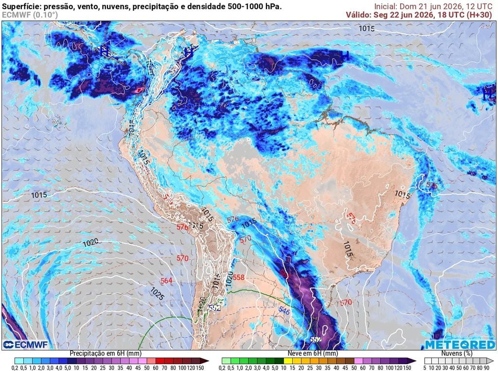 frente fria Previsão de vento, chuva e pressão para a tarde desta segunda-feira, 22 de junho.
