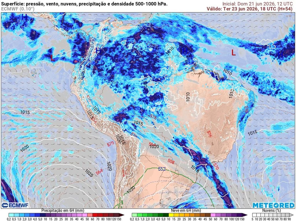 frente fria no Sudeste Previsão de vento, chuva e pressão para a tarde desta terça-feira, 23 de junho.