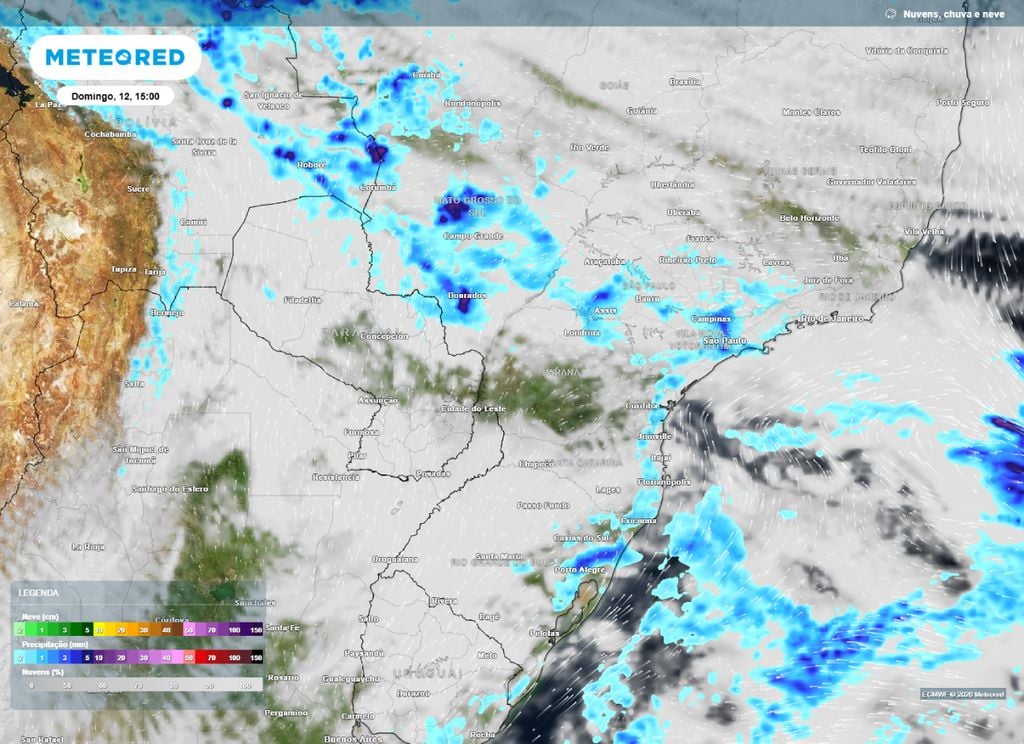 Previsão de nebulosidade e chuva. O mapa mostra tempo fechado e chuvas espalhadas pelo Centro-Sul do Brasil neste domingo (12).